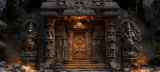 A Hindu temple entrance decorated with intricate carvings crisp edges