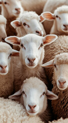Fototapeta premium A group of sheep are standing close together, with their heads turned towards the camera. Concept of unity and togetherness among the animals