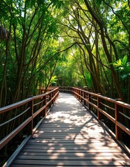 Sun-dappled wooden walkway winding through lush mangrove forest, wood, roots, landscape