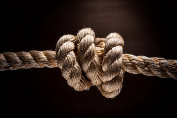 Generated Image Close-up of a thick rope knot on dark background, symbolizing strength, connection, resilience, and nautical or rustic themes for design, metaphor, or educational content.