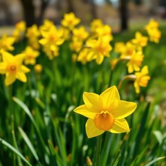 Fototapeta premium Vibrant yellow daffodils blooming in a sunlit field, nature, meadow, yellow