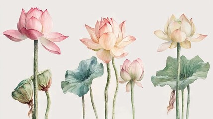 delicate watercolor painting of lotus flowers with varied blooms and serene botanical details