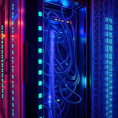 Realistic AI-generated illustration of a close-up server rack in a modern data center, illuminated by blue and neon lights, showcasing cables, cooling vents, and blinking LEDs. No people present.