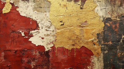 crumbling wall with layers of red, white, and gold paint creating a distressed texture