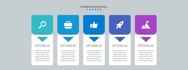 Horizontal progress bar featuring 5 arrow-shaped elements, symbolizing the five stages of business strategy and progression. Clean timeline infographic design template. Vector for presentation