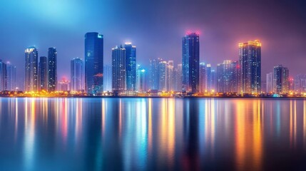 Fototapeta premium cityscape at night reflecting shimmering lights on calm water under a twilight sky
