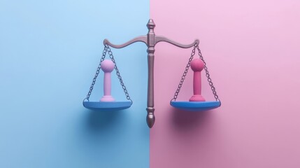 gender equality represented by scales balancing pink and blue dumbbells on a split background