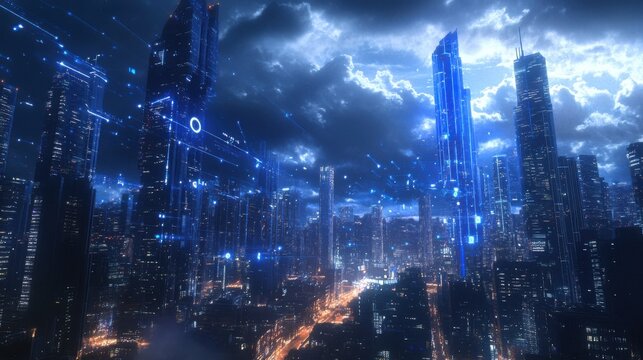 Ciudad futurista con rascacielos iluminados