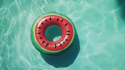 Watermelon inflatable floating serenely in pristine aqua pool water under bright sunlight