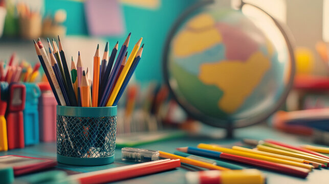 Vibrant school supplies are arranged next to a globe, showcasing creativity and learning in a bright, engaging classroom environment filled with color and inspiration.