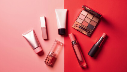 Obraz premium Makeup products on pink and red background with copy space 