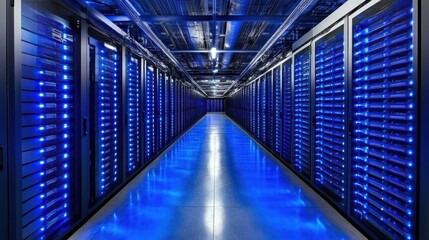 Sala de servidores con luces azules y tecnología avanzada