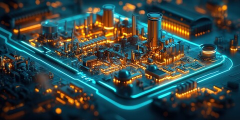 Obraz premium Futuristic cityscape with glowing technology at night showcasing industrial innovation and digital connectivity
