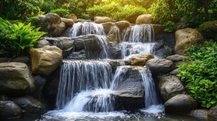 Naklejka premium A peaceful natural setting includes a transparent stream flowing smoothly over worn, rounded rocks, producing gentle cascades that create complex patterns of delicate foam