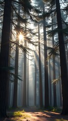 Fototapeta premium Misty forest scene with sunlight filtering through trees, perfect for phone wallpaper. 