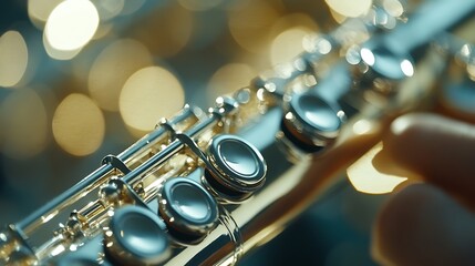 Fototapeta premium Close-up of a flute showcasing its keys and shiny surface against a blurred background.