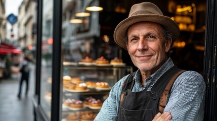 Man standing in bakery window.