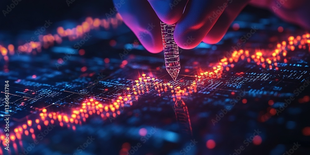Poster hand adjusting data points on an illuminated circuit board during a technology analysis session