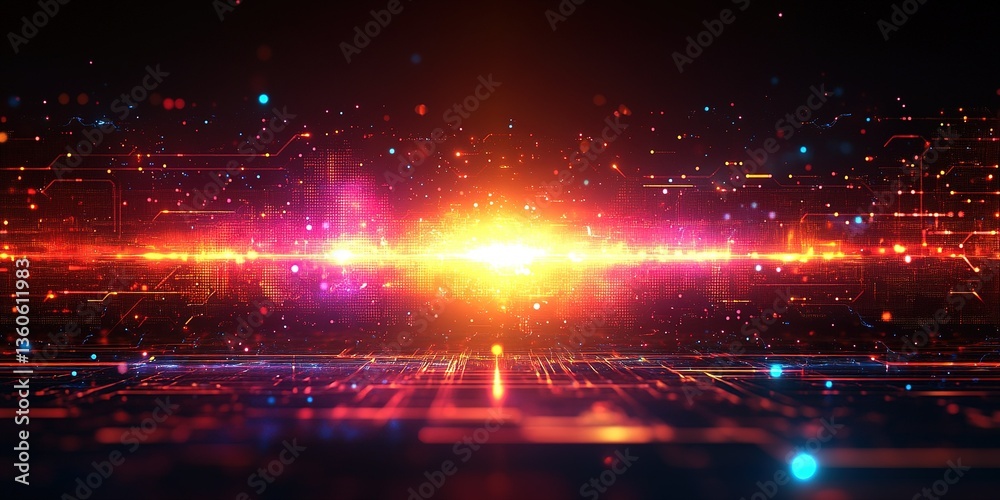 Poster vibrant digital background of abstract light patterns with glowing elements and lines on a dark back