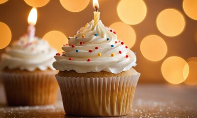 Festive cupcakes with creamy frosting, sprinkles and a lit candle creating a warm and celebratory atmosphere, perfect for birthdays