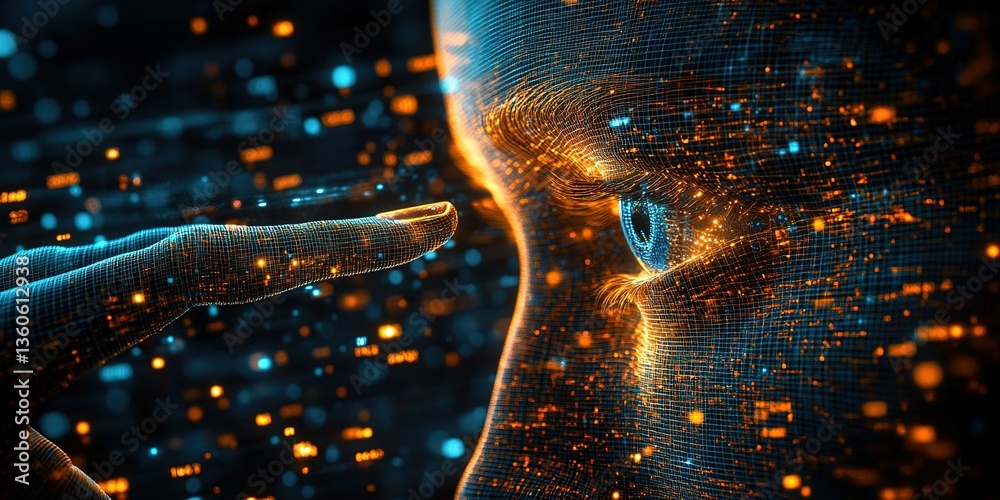 Poster visual representation of digital interaction with human-like features and glowing effects in a futur