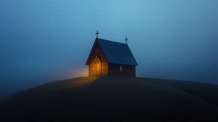 Fototapeta premium A solitary wooden church illuminated in a foggy landscape at dusk.