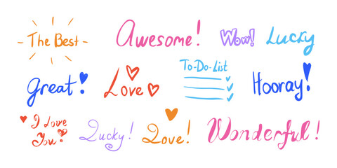 Supportive words handwritten doodle illustration set. Motivation phrases linear objects on white background. Positive attitude concept