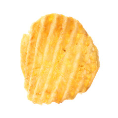 One tasty ridged potato chip in air isolated on white