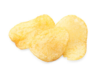 Three tasty potato chips isolated on white