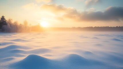 Fototapeta premium Snowy Landscape at Sunrise with Foggy Trees and Hills