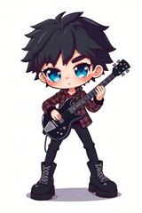 Obraz premium An anime style boy playing a black electric guitar enthusiastically