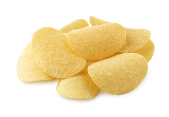 Many tasty potato chips isolated on white