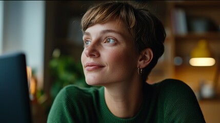 The image features a woman looking towards the camera.