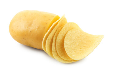 Tasty chips and sliced raw potato isolated on white