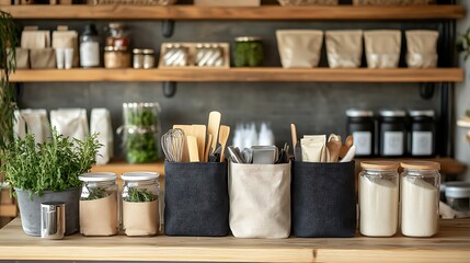 A cozy kitchen space featuring utensils, herbs, and neatly organized ingredients.