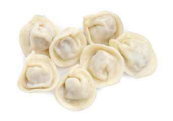 Delicious boiled dumplings (pelmeni) isolated on white, top view