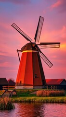 Sunset paints a charming Dutch windmill in warm hues, blades still, serene, tourism