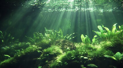 Fototapeta premium A serene underwater scene with light rays illuminating aquatic plants and a rocky substrate.