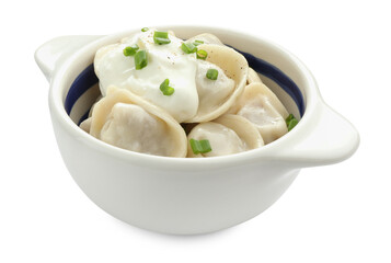 Delicious dumplings (pelmeni) with green onion and sour cream in bowl isolated on white