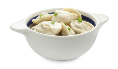 Delicious dumplings (pelmeni) with green onion in bowl isolated on white