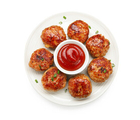 Delicious patties with sauce isolated on white, top view