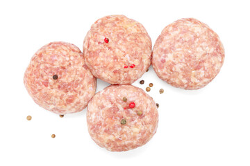 Many uncooked patties and spices isolated on white, top view