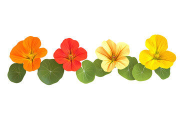 A row of nasturtium flowers in various colors with green leaves on white background