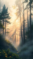 Obraz premium Enchanting forest scene with sunlight and mist, ideal for phone wallpaper. 