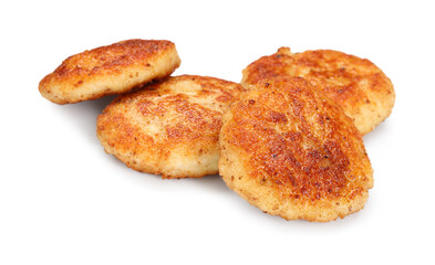 Many delicious roasted patties isolated on white