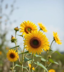 Vibrant yellow wild sunflowers in full bloom against a blurred natural background, summer flowers, floral background, rustic