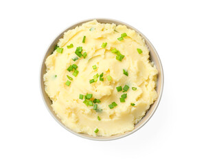 Delicious mashed potato with green onions in bowl isolated on white, top view
