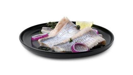 Marinated herring fillets with onion rings, thyme and lime isolated on white