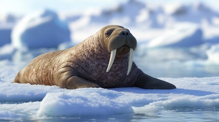 A large walrus rests calmly on the ice in the arctic