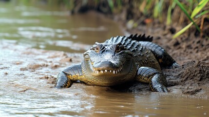 Obraz premium Caiman emerges from murky water, scales glistening near muddy bank